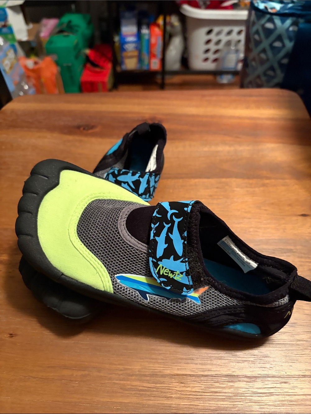 Kids Neon Green & Blue Shark-Pattern Water Shoes - Lightweight Quick-Dry